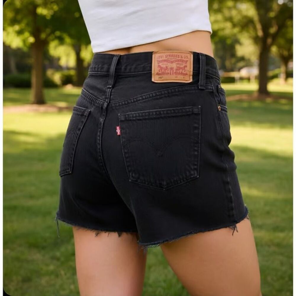 Levi's 501 Button Fly High-Rise Distressed Raw Hem Black Cut Off Jean Shorts 32